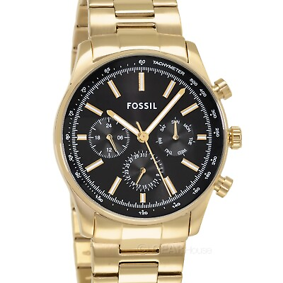 #ad FOSSIL Sullivan Mens Gold Multifunction Watch Black Dial Stainless Steel Band $72.40