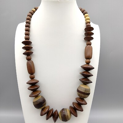 #ad Boho Chic Wood Bead Necklace 24quot; Bold Funky Chunky Vintage Estate Nature Barrel $19.99