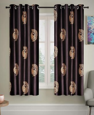 2 Pieces Hand Block Gold Peacock Eyelet Polyester Window Curtains 5Ft Brown $42.75