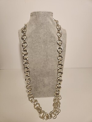 #ad Chunky Silver Tone Textured Big Link Chain Round Circle Long Necklace 2YK $23.45