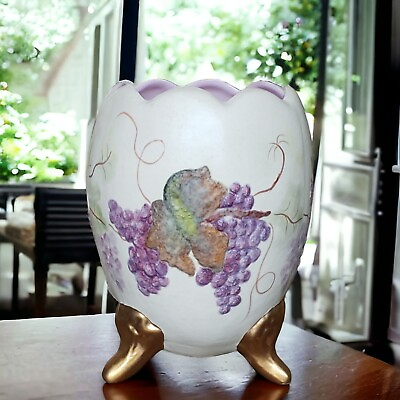 #ad Vintage Hand Painted Low Relief Leafy Purple Grapes Tri footed Egg Shaped Vase $39.99