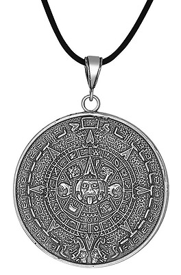#ad Sterling Silver Aztec Calendar Medal Charm Pendant Necklace Oxidized Made In USA $149.99