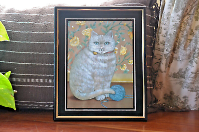#ad Sweet Vintage Framed Foil Kitty Tabby Cat Wall Art Framed 8 x 10 inches $28.00