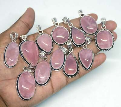 #ad Natural Pink Rose Quartz Pendants Silver Overlay Gemstone Pendants $249.99