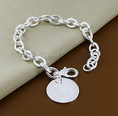#ad Circle Coin Tag Big Cable Chain 925 Sterling Silver Bangle Charm Women Bracelet GBP 4.99