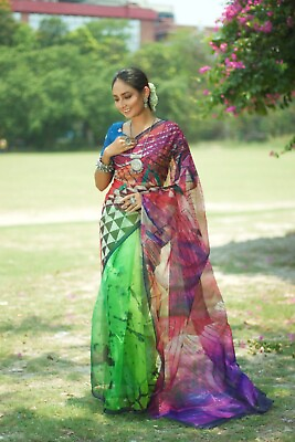 Women Party Wear Multi Smooth Organza silk digital printed saree with Blouse $42.49