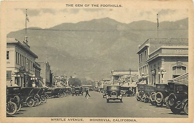 Postcard 1920s California Monrovia Myrtle Avenue automobiles Albertype CA24 1370 $12.99