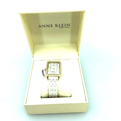 #ad Anne Klein Womens New York Fashion Watch Gold Tone White Ceramic Band New $99.95