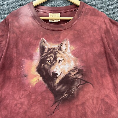 #ad Vintage The Mountain Shirt Mens XL Red Wolf Wolves AOP Tie Dye Nature 90s $27.95