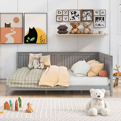 #ad Modern Full Size Daybed Frame Sofa Bed Wooden Slatted Living Room Bedroom Gray $249.99