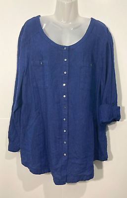 #ad Monsoon Linen Roll Tab Sleeve Tunic Long Top Button Up Blue Pockets US 16 UK 20 $28.80