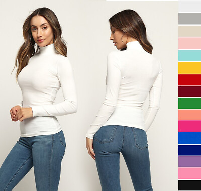 #ad Women#x27;s Basic Turtleneck Top Soft Stretch Ribbed Knit Cotton Long Sleeve Shirt $14.99