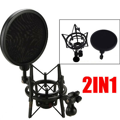#ad Mic Microphone Shock Mount Holder With Big Pop Filter Black Mic Parts Accs $18.59