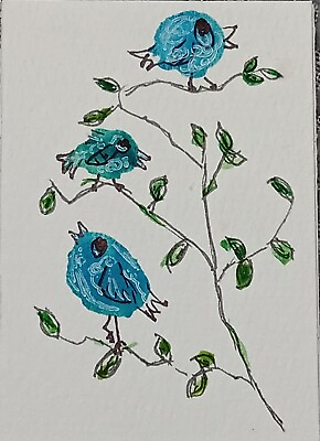 #ad ACEO Original Naive Whimsical Art Watercolor Painting Singing Birds on Leaves $6.99