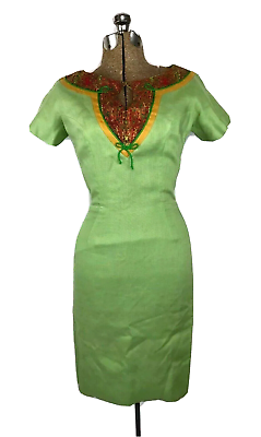 #ad 1950s Wiggle Dress Vintage Green Paisley Sheath Keyhole Bow Elegant Oleg Cassini $49.99