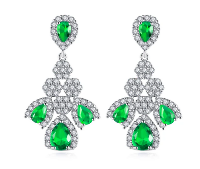 #ad Pear Cut Green Lab Created Emerald Drop Shaped Flowers Leaves Dangle Earrings $216.00