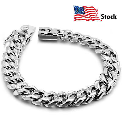 #ad 925 Sterling Silver 10mm Carved Cuban Chain Bracelet Thick Big Link for Men Boys $85.98