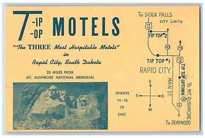 Rapid City South Dakota Postcard Tip Top Motels Map Mt. Rushmore c1940 Vintage $29.95