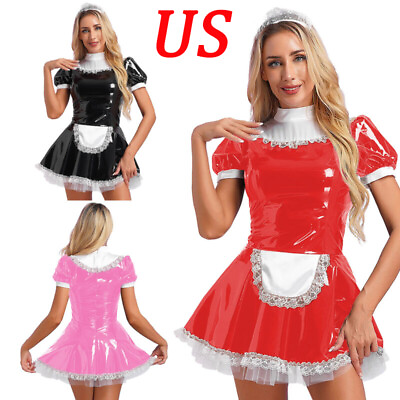 #ad US Women Leather Dress French Maid Costume Cosplay Lingerie Maid Apron Outfit $16.64