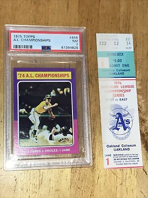 #ad 1975 Topps Baseball MINI #459 AL CHAMPIONSHIPS PSA 7 W Game 1 Ticket Robison HR $25.49