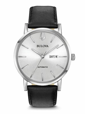 #ad Bulova Automatic Men#x27;s Calendar Black Leather Silver Dial Watch 42MM 96C130 $160.99