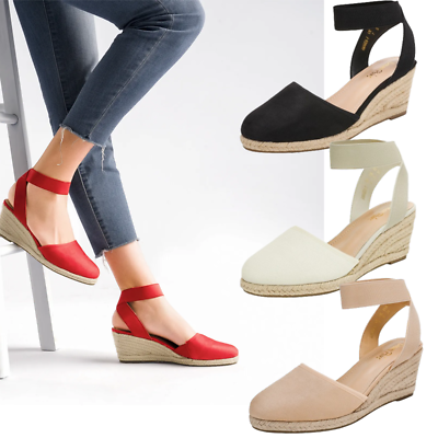 #ad Women Espadrilles Platform Wedge Sandals Elastic Ankle Strap Close Toe Shoes $27.99