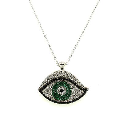 #ad Sterling Silver and CZ EvilEye Pendant Rhodium Plate $75.00