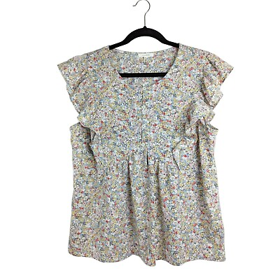 #ad Pleione Womens Floral Cap Sleeve Top Blouse Size M Scoop Neck Button Front $14.20
