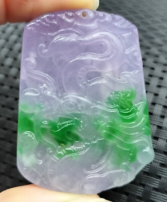 #ad Chinese Icy Green Lavender Natural Jade Carved Dragon Bead 生意兴隆 Pendant $35.00