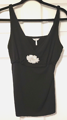 #ad New Small Dressy Soft Sleeveless Black Beaded Flower Dressy Tank Top Rare $14.40