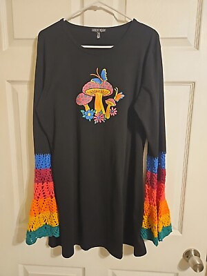 #ad Current Mood Long Shirt Dress Womens 2X Mushroom Trippy Rainbow Crochet Sleeves $15.87