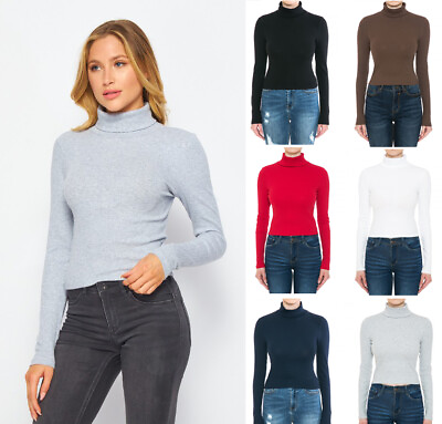#ad Turtleneck Long Sleeve Basic Knit Top Shirt Stretch Cotton Solid Ribbed T Shirt $7.49