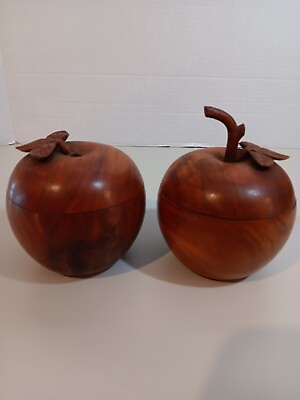 #ad Set of 2 Wooden Apples With Removable Lid For Secret Storage Decor 4quot;x5quot;inch $29.99