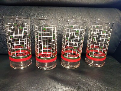 #ad Vtg 80s 90s Coca Cola Holiday Glass 6quot; Set of 4 Holly White Squares Christmas $11.49