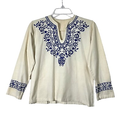 Vintage 60s Handmade Floral Embroidered Beige 3 4 Sleeve Blouse Top Women Small $24.99
