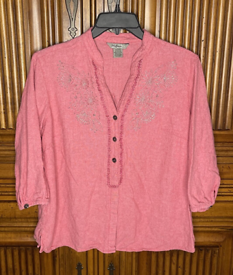 #ad IB Diffusion Womens Shirt Large Pink Silver Embroidered Placket Boho Linen Blend $19.97