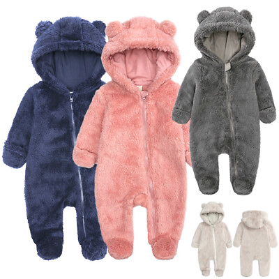 #ad Newborn Baby Romper Jumpsuit Boy Girls Bear Hooded Zip Bodysuit Clothes Outfits $17.78