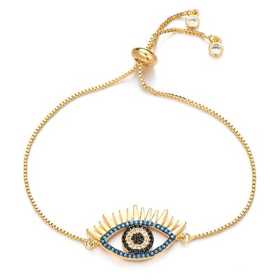 #ad Large Evil Eye Yellow Gold amp; Blue Pave Cubic Zirconia Thin Fashion Bracelet $28.50