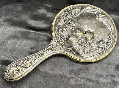 Vintage Antique Victorian Art Nouveau Silver Plate Hand Mirror Floral Design $206.25