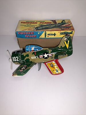 #ad Vintage VA 102 Navy Friction Powered Tin Litho Trigger Plane NOS W Box. $134.70