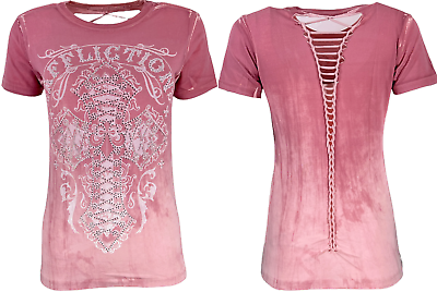 #ad Affliction Women#x27;s T Shirt Lace amp; Faith Silver Pink Biker Tattoo $29.95