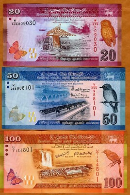 SET Sri Lanka 20 50 100 Rupees 2010 2022 P 123 124 125 UNC Colorful $2.84