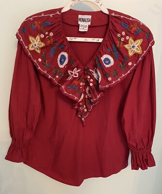 #ad MONALISA Womens Red Embroidered Ruffled Collar Boho Peasant Cotton Blouse Size S $19.00