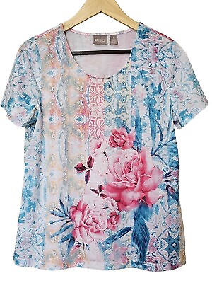 #ad Chico#x27;s Women#x27;s Shirt Size 1 Medium Pink Rose Floral Short Sleeve Top $21.95