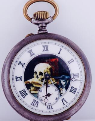 #ad Antique Victorian Era Moeris Pocket Watch Memento Mori Enamel Skull Dial c1900#x27;s $864.54