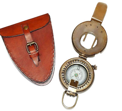 Antique Compass With Leather Case Nautical Finish Military Pocket Vintage Gift $57.45