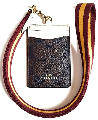 Coach ID Lanyard Blocked Signature Canvas Brown Chalk Multi Smooth Leather NWT $80.74
