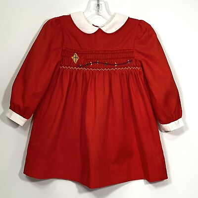 #ad Polly Flinders Hand Smocked Dress Red Embroidered Kite Long Sleeves 3T Vintage $14.76