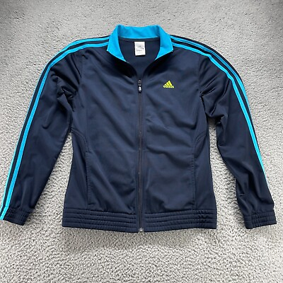 Adidas Track Jacket Women Medium Blue Full Zip Trefoil Stripes Sport Coat Ladies $16.88