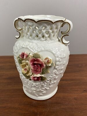#ad #ad Vintage 7.5quot; Capodimonte Style Vase Lattice Basket Weave with 3D Rose Flowers VG $11.88
